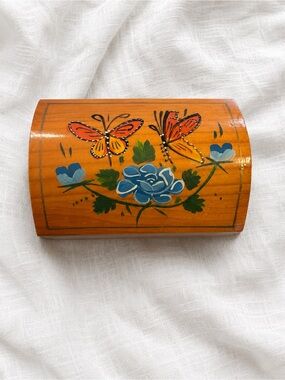 Hand-Painted Orange Wood Trinket Box with Blue Floral & Butterfly Design
